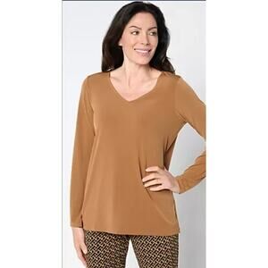 Susan Graver Modern Essentials Toffee V-Neck Top, Size M